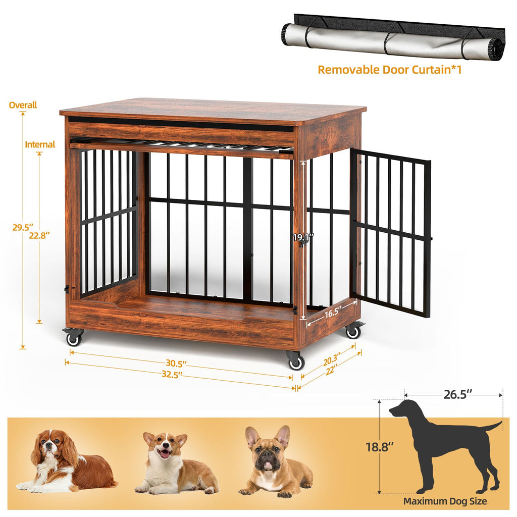 32in  Dog Crate Furniture, Double Door Wooden Indoor Dog Kennel Furniture, Decorative Pet Cage End Table With Wheels For Medium And Small Breed Dogs, Size M, Greige