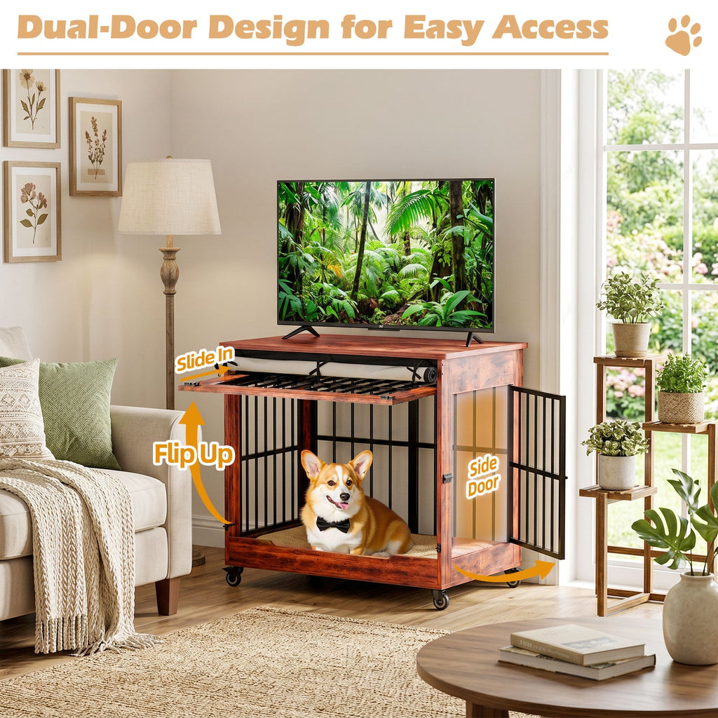 32in  Dog Crate Furniture, Double Door Wooden Indoor Dog Kennel Furniture, Decorative Pet Cage End Table With Wheels For Medium And Small Breed Dogs, Size M, Greige