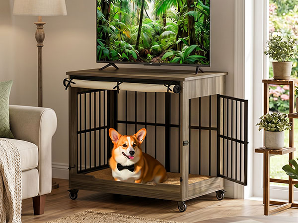 32in  Dog Crate Furniture, Double Door Wooden Indoor Dog Kennel Furniture, Decorative Pet Cage End Table With Wheels For Medium And Small Breed Dogs, Size M, Greige