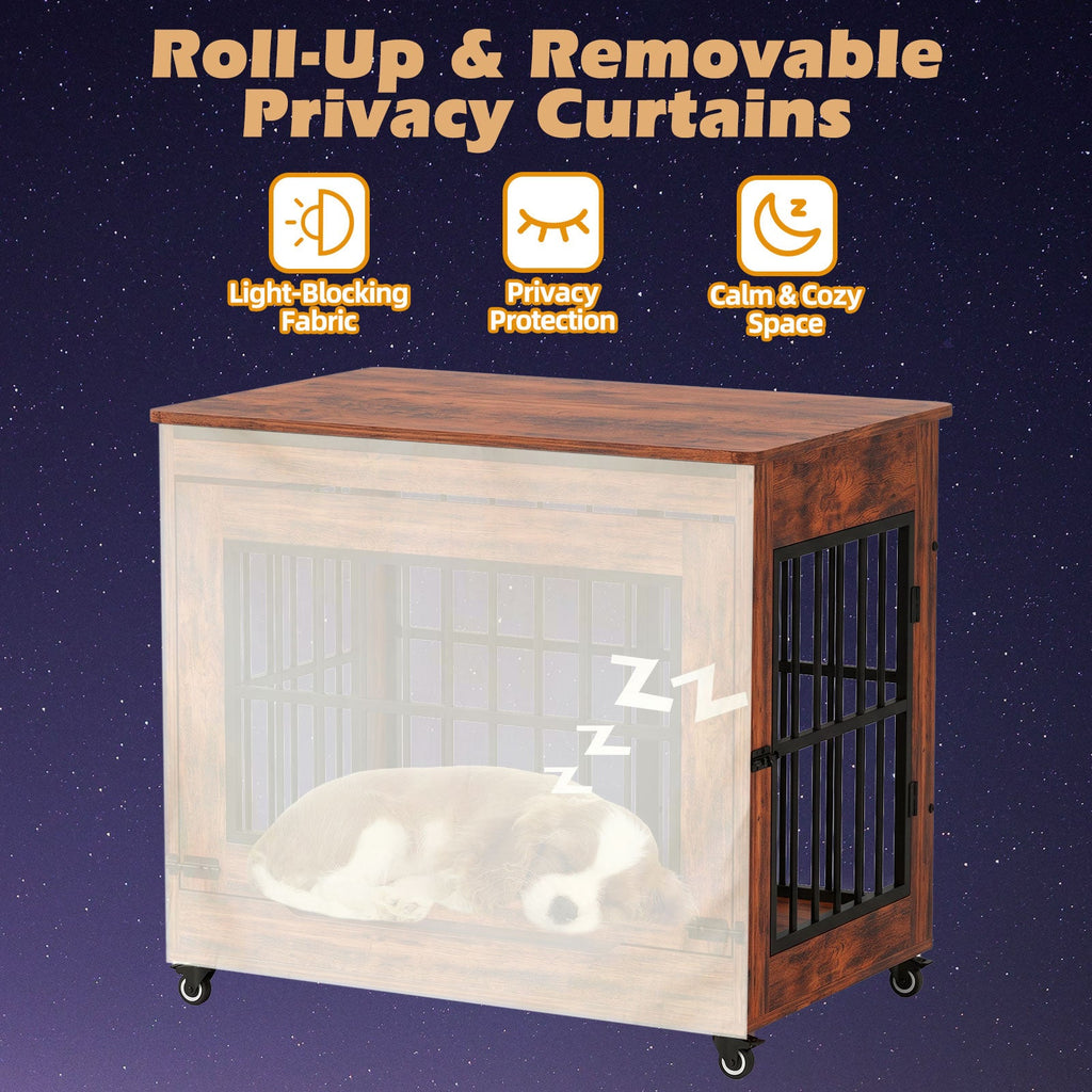 32in  Dog Crate Furniture, Double Door Wooden Indoor Dog Kennel Furniture, Decorative Pet Cage End Table With Wheels For Medium And Small Breed Dogs, Size M, Greige
