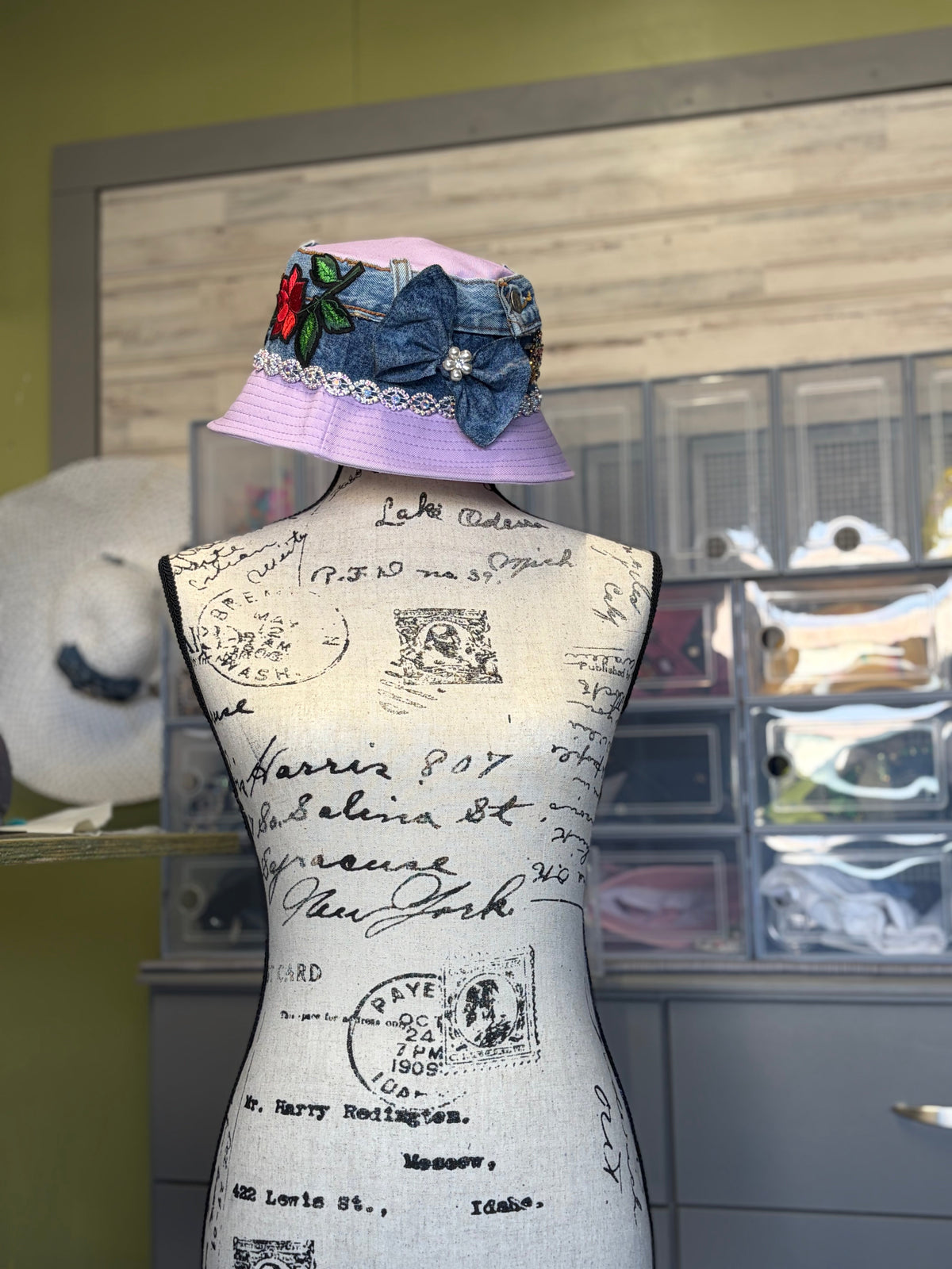 Lavender Rose Denim Bow Bucket Hat