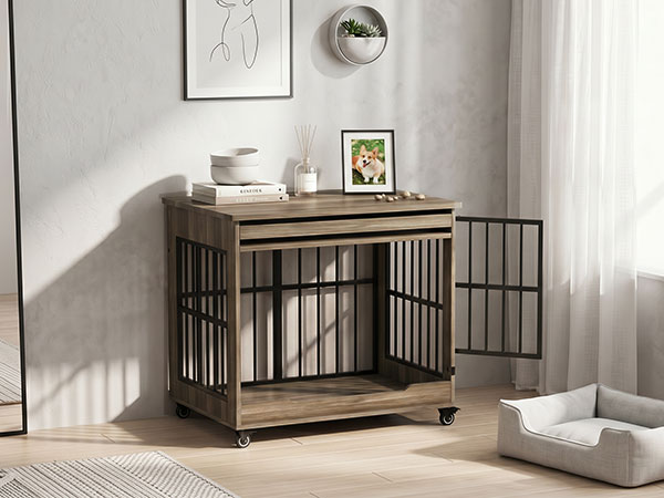 32in  Dog Crate Furniture, Double Door Wooden Indoor Dog Kennel Furniture, Decorative Pet Cage End Table With Wheels For Medium And Small Breed Dogs, Size M, Greige