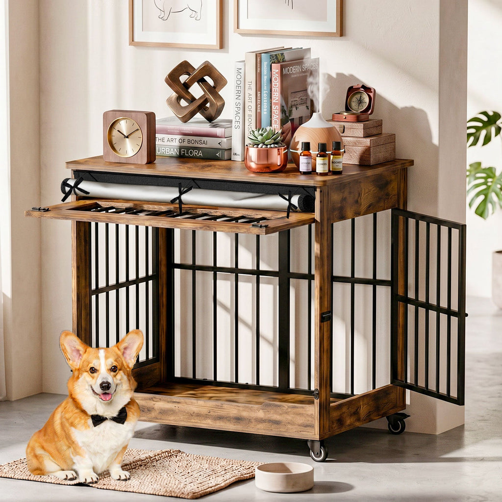 32in  Dog Crate Furniture, Double Door Wooden Indoor Dog Kennel Furniture, Decorative Pet Cage End Table With Wheels For Medium And Small Breed Dogs, Size M, Greige