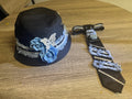 Black handmade hat and tie with denim flowers, fringe and rhinestones