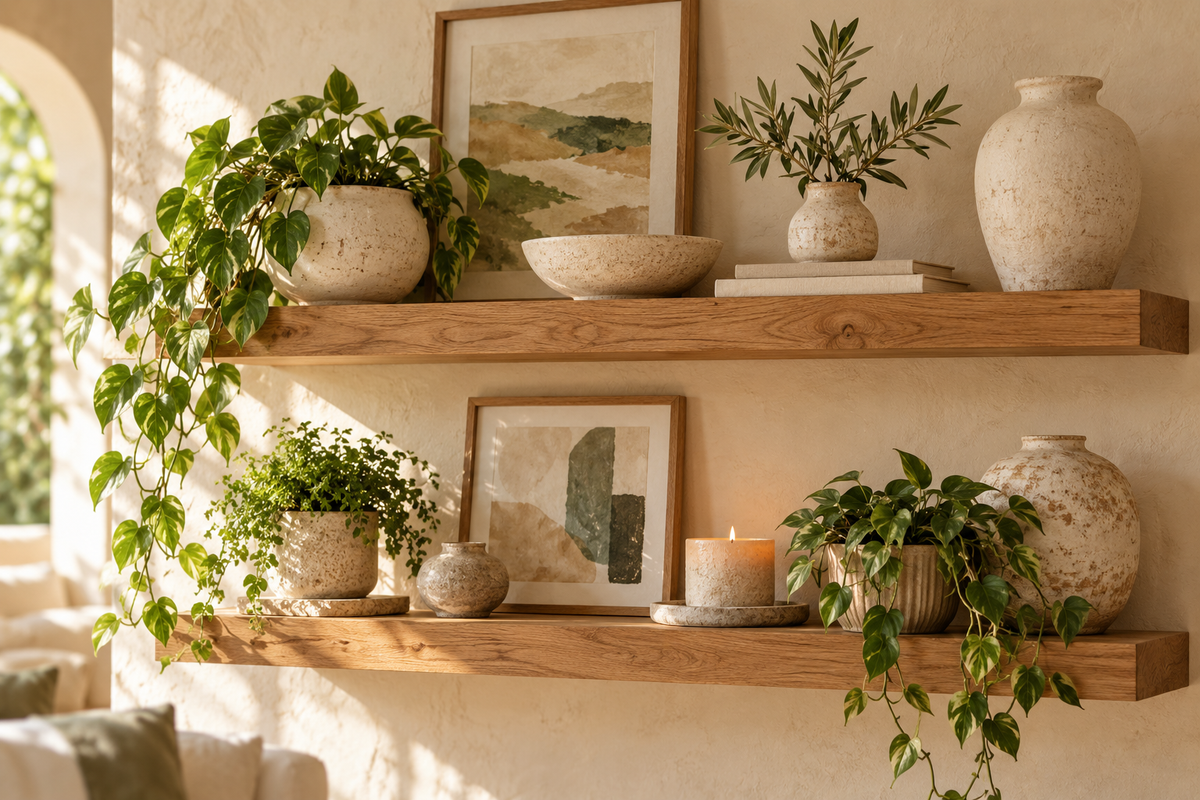 Home styling inspiration with floating wooden shelves, ceramics and greenery